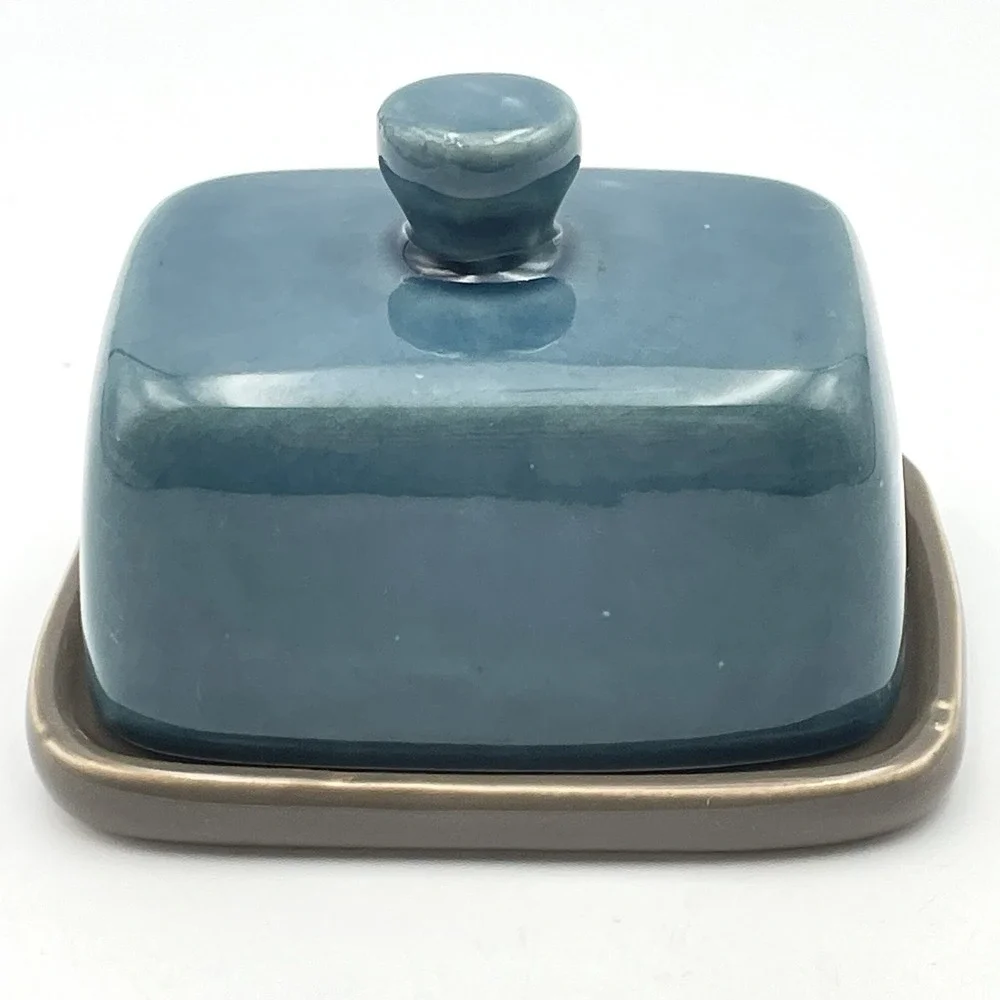 Threshold Mini Teal Blue Stoneware Covered Butter Dish Gray Tray Lid 4